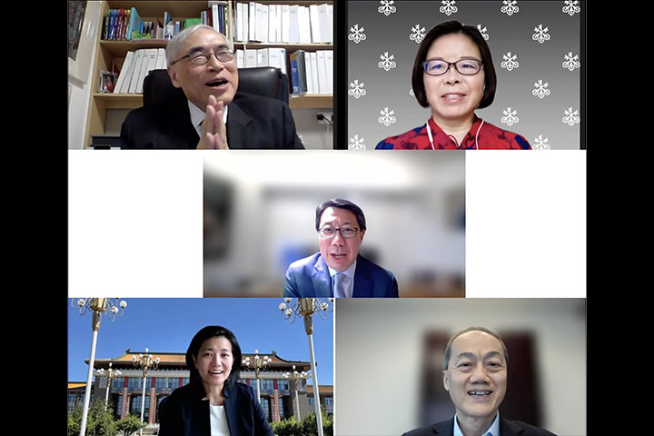 (Top left) Prof Lawrence Lau, Fellow of AoF and Ralph and Claire Landau Professor of Economics of the Chinese University of Hong Kong, (Top right) Ms Tao WANG, Chief China Economist and Head of Asia Economics of UBS, (Centre) Mr Benjamin Hung, Chief Executive Officer, Asia of Standard Chartered Bank, (Bottom left) Ms Nisa Leung, Managing Partner of Qiming Venture Partners and Mr KC Kwok, CEO of AoF raised issues for discussion during the Q&amp;As session.